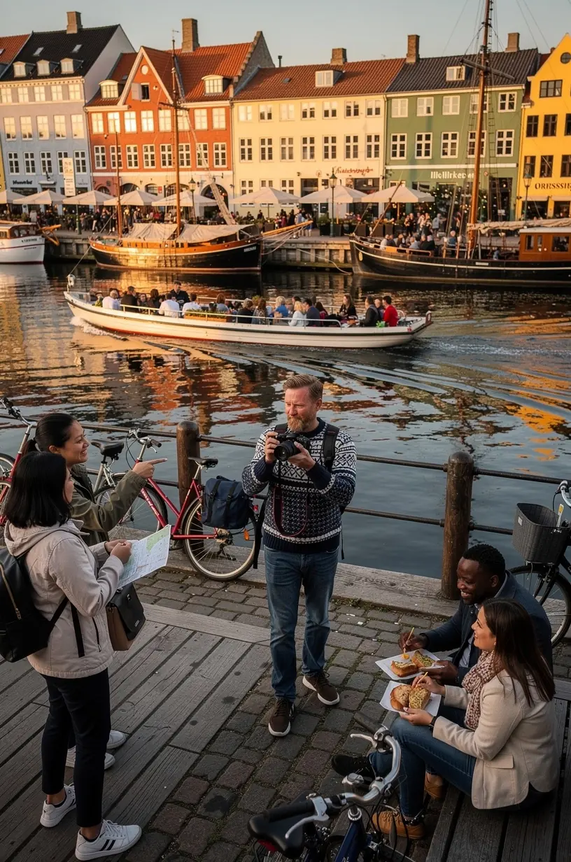 Detaljeret billede af ikoniske bygninger og kulturelle vartegn i Københavns centrum, der illustrerer byens rige historie og kunstneriske arv.
